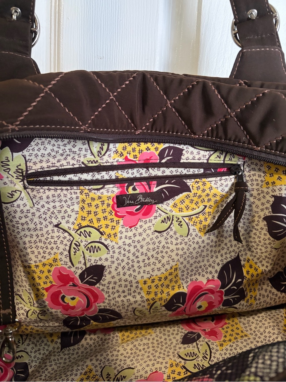 Vera Bradley Brown Quilted Tote with Pink and Yellow Floral Interior